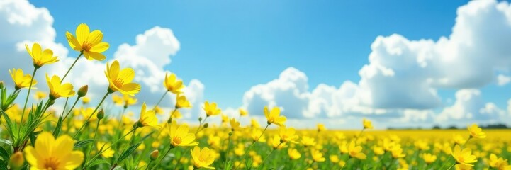 Fototapeta premium Yellow Champakan flowers in a field against a bright blue sky and white clouds, yellow, gardenia
