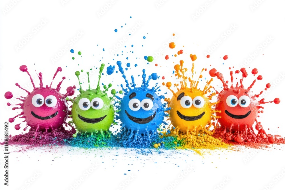Poster Bright cheerful microbes with smiles and colorful splashes creating a fun atmosphere in an imaginative setting. Generative AI