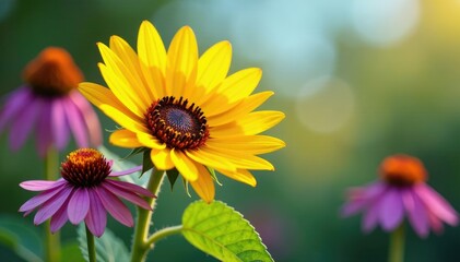 Fototapeta premium A bright yellow sunflower with purple coneflower companions, botanical, summer