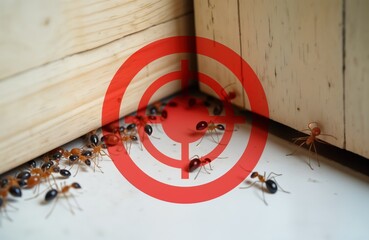 Indoor pest control concept. Ants in house targeted. Red target symbol. Ants crawl on floor. Pest control service. Home pest problem. Wooden floor, walls. Insects infestation. Disinfectant treatment.