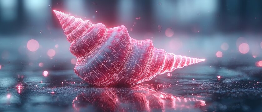 Glowing Pink Seashell Digital Art Abstract Wireframe Ocean Nature