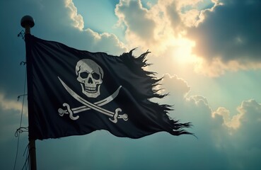 Ripped pirate flag with skull, crossbones symbol waves dramatically in cloudy sky lit by sun rays. Grunge texture shows old fabric. Dark mystery style evokes piracy, possibly hacker or robber themes.