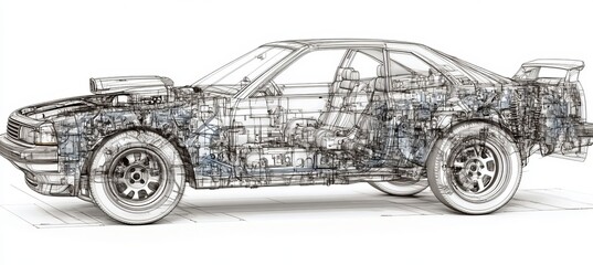 Fototapeta premium Transparent Sports Car Blueprint. Technical Design and Engineering Stock Image Rendering.