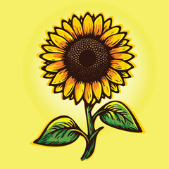 Isolated clipart of an orange blooming sunflower. Yellow flower with leaves.