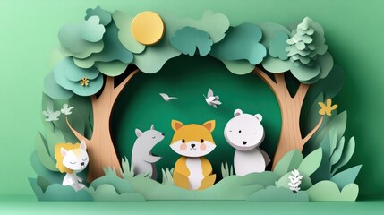 World Wildlife Day in a forest scene with animals framed by trees Paper art and digital craft style