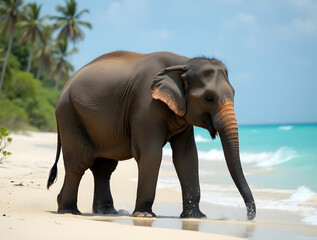 Obraz premium Indian elephant bathing on a sunny tropical shore. A baby elephant strolling along the beach. Wildlife and nature scene. Exotic travel, tourism, and summer vacation inspiration.