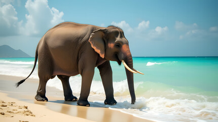 Indian elephant bathing on a sunny tropical shore. A baby elephant strolling along the beach. Wildlife and nature scene. Exotic travel, tourism, and summer vacation inspiration.