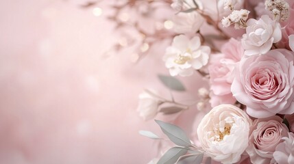 Romantic floral wedding invitation frame with copy space. Soft pastel pink. Generative AI