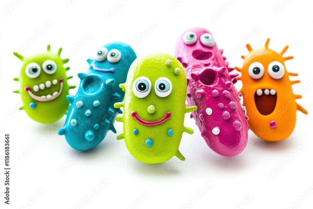 Poster Bright and cheerful microbes with eyes and smiles display joy in a whimsical setting filled with vivid colors. Generative AI