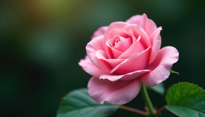 A single large pink rose flower with delicate green leaves and stem, gardenia, flowers, stem