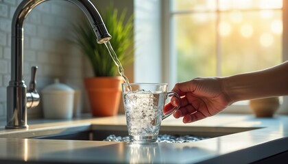 Person fills glass cup with fresh water from kitchen tap. Clean water flows from faucet into transparent cup. Healthy lifestyle concept. Modern kitchen setting. Interior photo. Water source.