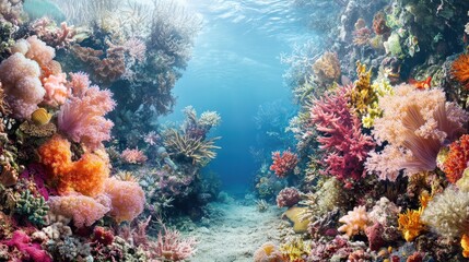 Naklejka premium Underwater Coral Reef Scene with Sunbeams and Fish