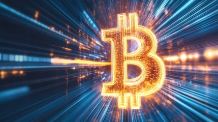 Bitcoin symbol, glowing digital art, speed and motion blur, fiery and electric colors,