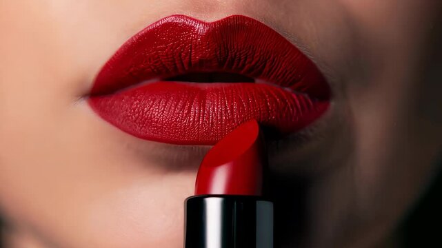 Close-up of luscious lips in vivid red lipstick, highlighting contours. sleek black lipstick tube enhances the elegance. soft background focuses on beauty and glamour. - Powered by Adobe