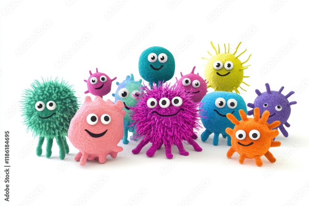 Poster cheerful and colorful microbes with expressive eyes and smiles in a playful gathering on a bright ba