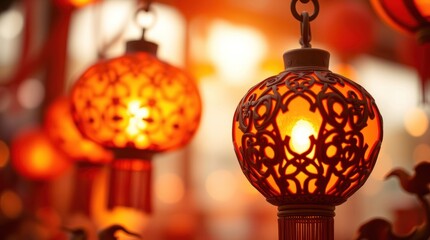 Luxurious Chinese lanterns are prominently displayed, with sharp focus and soft, textured background