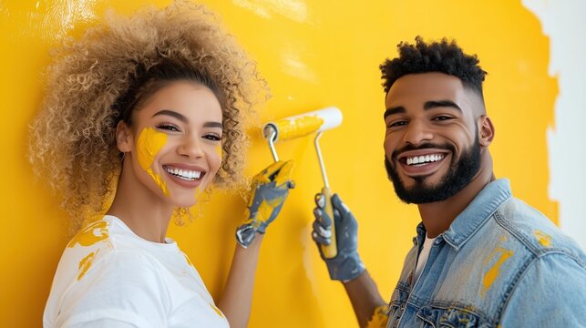 Couple joyfully painting a vibrant wall together in a bright and happy home environment