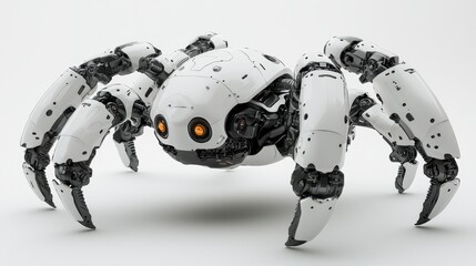 Futuristic white robotic spider with eight legs, isolated on white background.