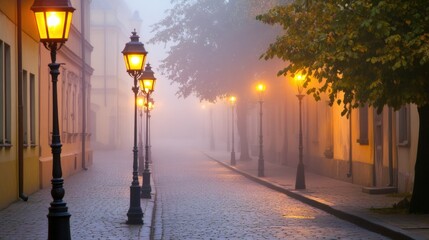 Misty Morning Street: Enchanting Foggy Lane with Lit Lampposts
