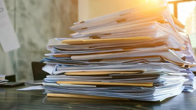 Cluttered stack of documents and colorful folders under warm sunlight symbolizes office chaos and productivity. ideal for themes on organization and workload management.