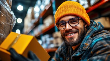 Obraz premium A cheerful warehouse worker in a bright orange beanie and gloves poses with a box, showcasing a friendly and diligent attitude in a bustling warehouse environment filled with goods.