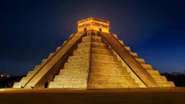 Majestic ancient pyramid at sunset, illuminated by golden light, showcasing intricate stone steps and historic architecture, evoking the grandeur of a lost civilization.