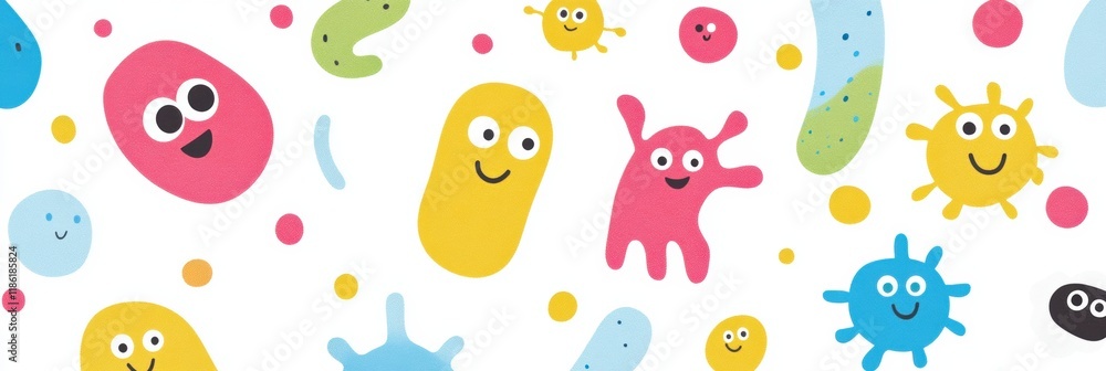 Poster Cheerful bright microbes with eyes and smiles displaying playful expressions against a cheerful background. Generative AI