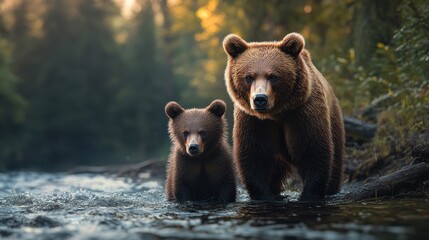Obraz premium A Mother Brown Bear and Cub Standing in a Stream