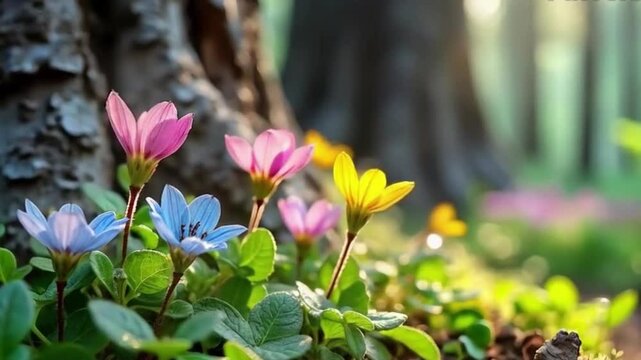 Tiny wildflowers growing unnoticed at the base of towering trees