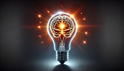 Glowing brain in shining lightbulb, bright idea, luminous invention, innovation creativity