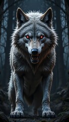 Fototapeta premium Menacing Grey Wolf with Glowing Red Eyes in Dark Forest Setting A Majestic and Intense Digital Art