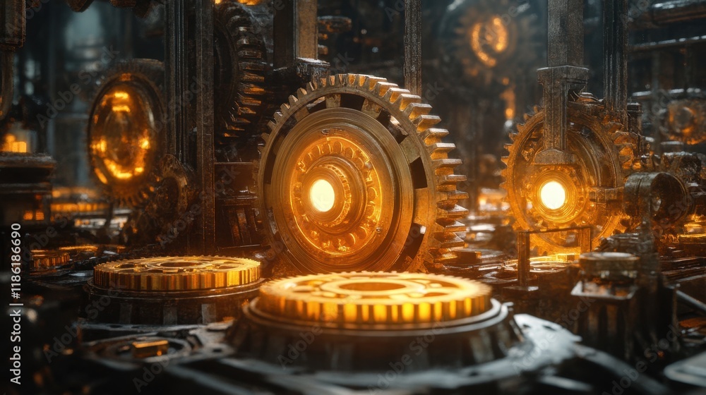 Poster intricate clockwork gears with glowing elements in dark background