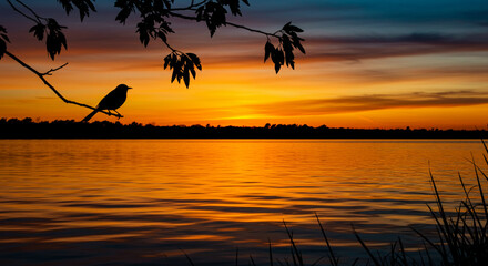   A bird sit on tree and background is sunset on the beach