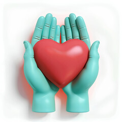 3D icon of hands holding a heart, white background, cute cartoon style, red and turquoise color scheme, matte plastic surface material.