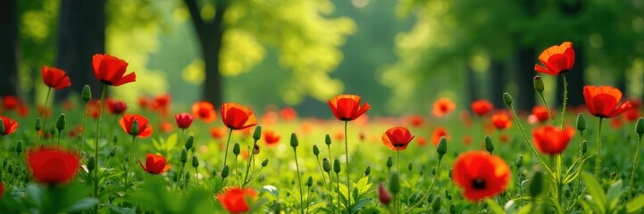 Fototapeta premium delicate red poppies in a lush green garden amidst tall trees, red, garden, flowers