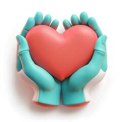 3D icon of hands holding a heart, white background, cute cartoon style, red and turquoise color scheme, matte plastic surface material.