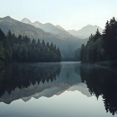 Naklejka premium Serene Mountain Lake with Tranquil Reflections and Towering Trees