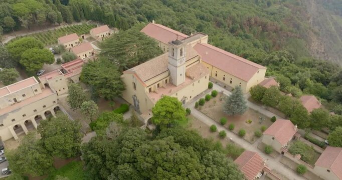 Aerial view of the Camaldoli Hermitage in Naples, Italy. It is an ancient religious complex with a Catholic church and located on top of a mountain.
