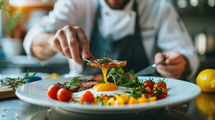 A Chef Perfectly Arranging A Colorful Breakfast Dish with Care