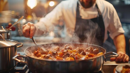 Experience the Art of Culinary Craft as a Chef Simmering a Flavorful Stew in a Cozy Kitchen