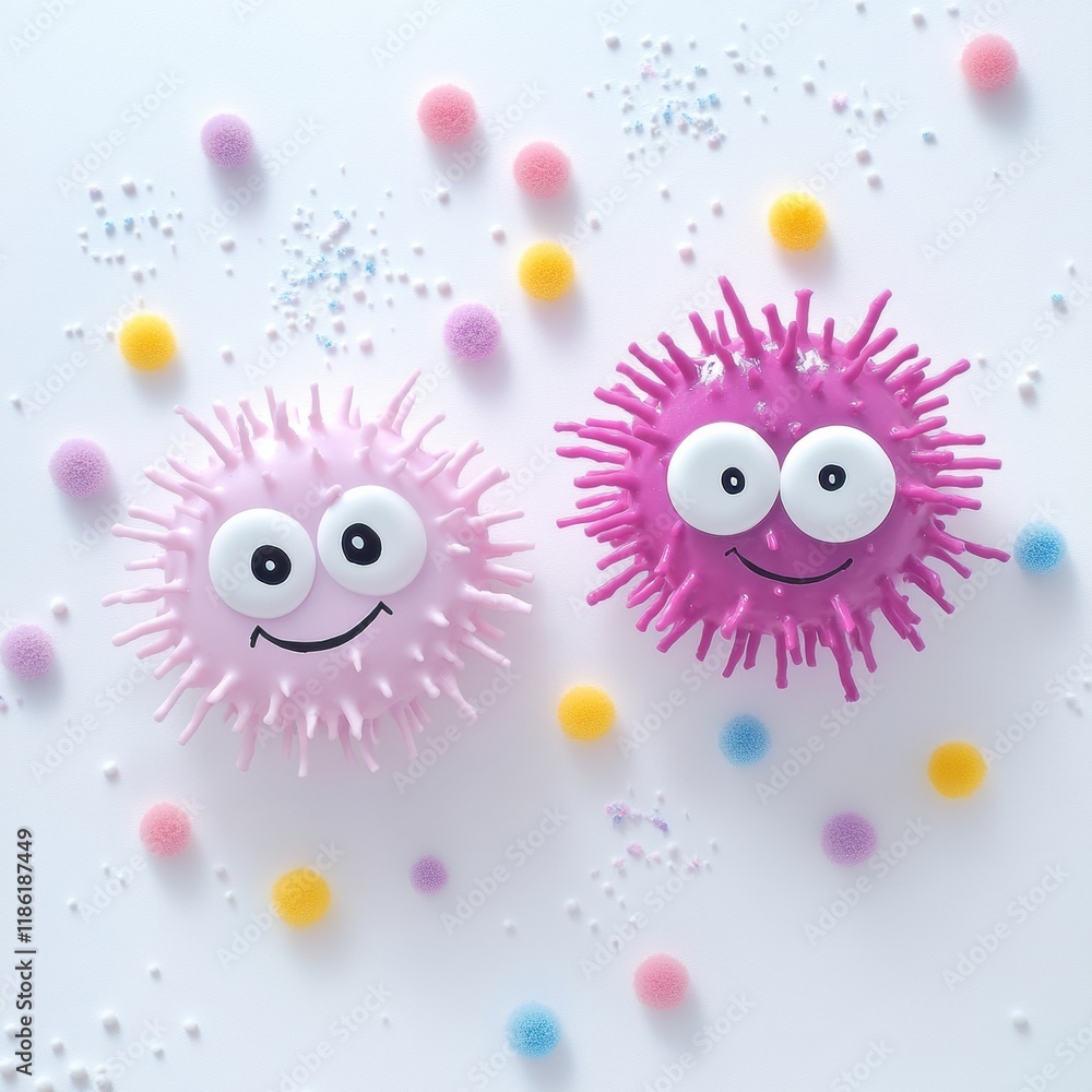 Poster Cheerful microbes with eyes and smiles surrounded by colorful dots creating a bright and festive atmosphere. Generative AI