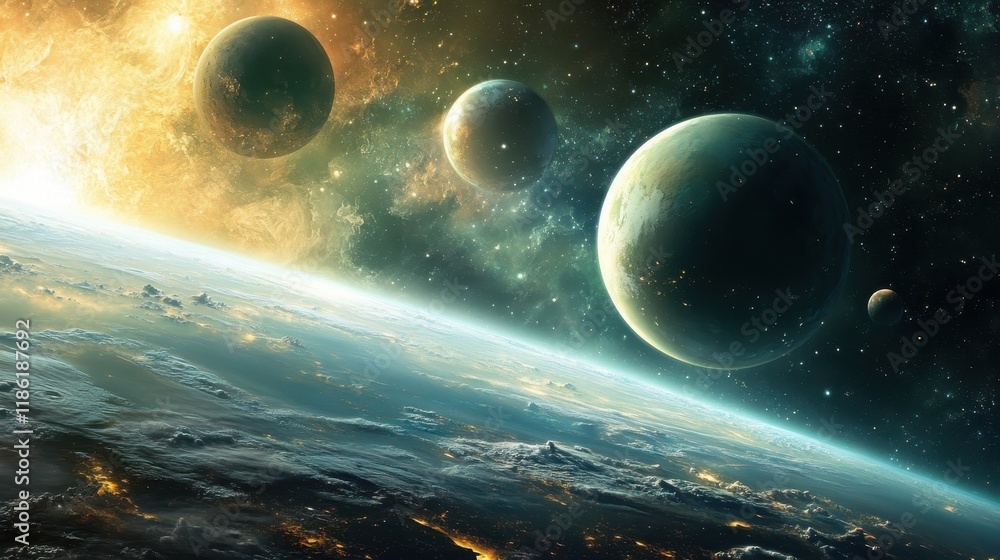 Canvas Prints a celestial landscape with a bright star and multiple planets