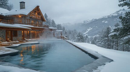 Winter retreat with a heated pool nestled in snowy mountains during twilight