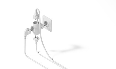 Installation of European standard white electrical tee in socket. Connection of triple electrical socket adapter. With shadow. Copy space. Isolated on transparent background. PNG. 3d illustration