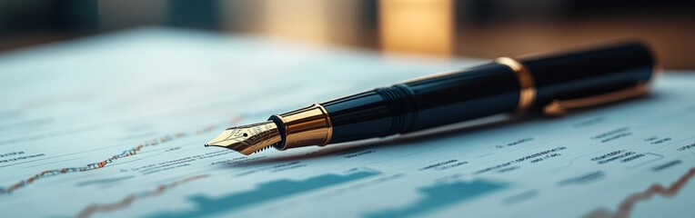 A close-up of a luxury fountain pen on financial documents, symbolizing professionalism and sophistication.