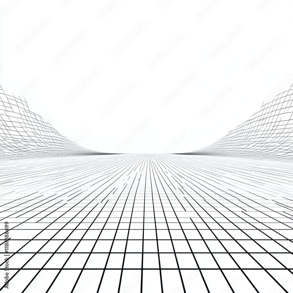Poster explore the vast expanse of a grid landscape with symmetrical lines and a white backdrop