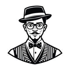 A man with a fedora hat wearing glass bow tie vector style silhouette.eps