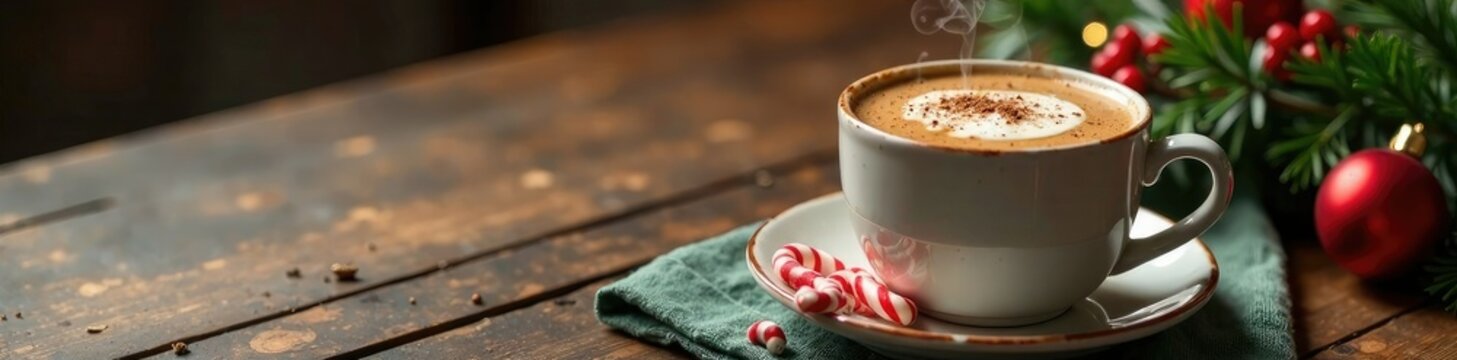 Festive holiday centerpiece featuring a steaming cup of peppermint mocha coffee on a rustic wooden table, wooden, steaming, cup