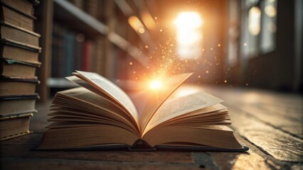 an open book on the floor with sparks