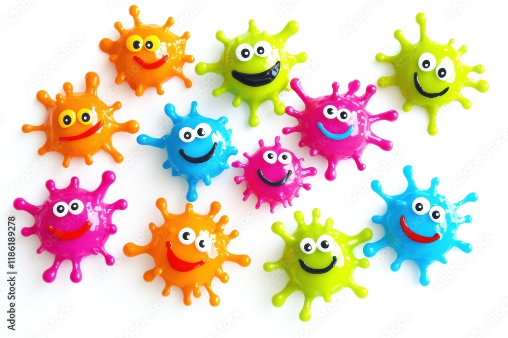 Poster Bright cheerful microbes with eyes and smiles in various colors create a whimsical and playful atmosphere. Generative AI